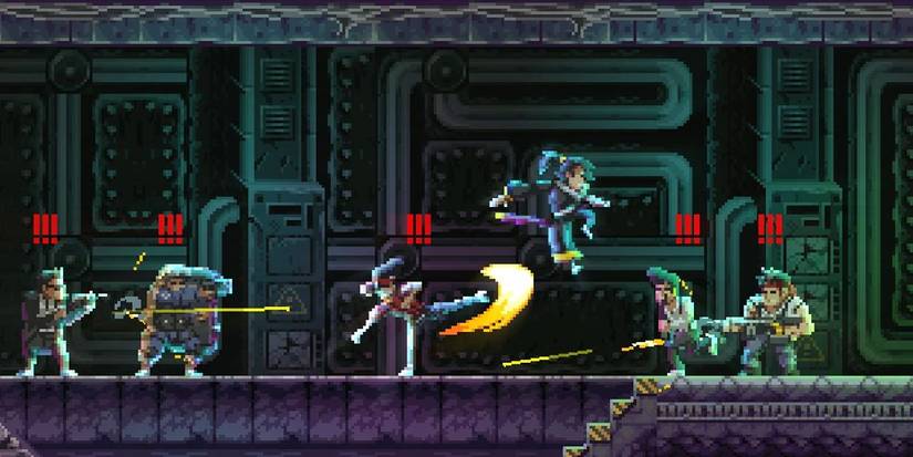 A character fighting a bunch of gunmen in Katana ZERO