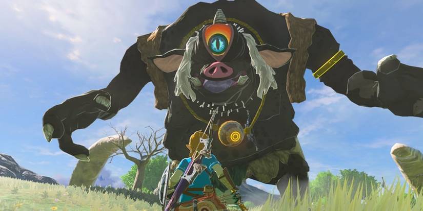 Link fighting a Hinox in the Nintendo Switch game, The Legend of Zelda: Breath of the Wild.