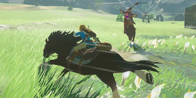 Link riding horseback fighting a bokoblin in the Nintendo Switch game, The Legend of Zelda: Breath of the Wild.