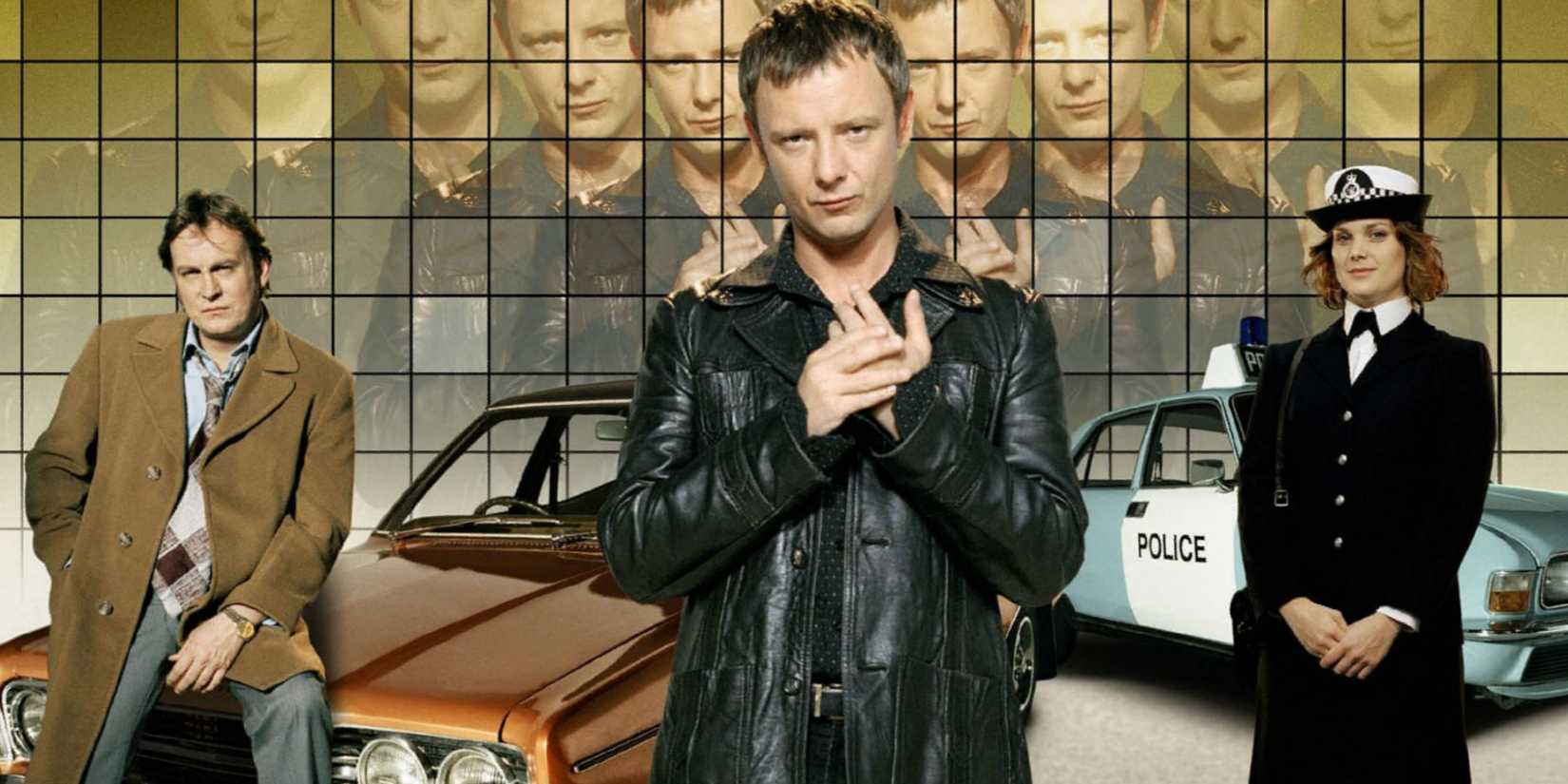 Philip Glenister as Gene Hunt, John Simm as Sam Tyler, and Liz White as Annie Cartwright in Life on Mars.
