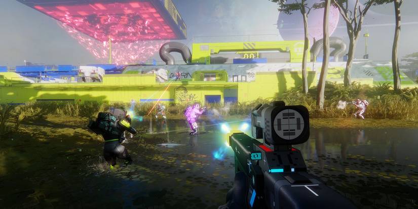 First-person view of someone shooting with a gun in the game Marathon