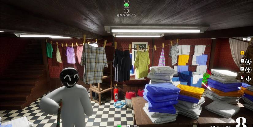 A character hiding in laundry in Meccha Chameleon