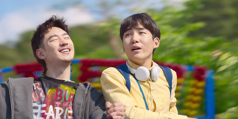 Move to Heaven characters  enjoying themselves and smiling at an amusment park. . 