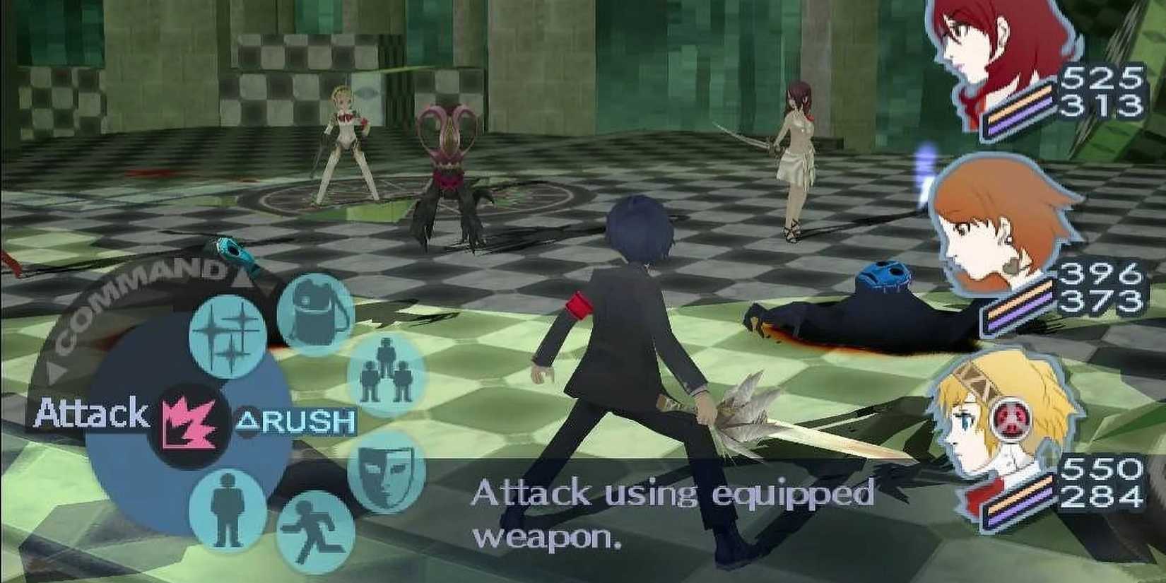 A battle sequence featuring various party members crouding around a demon in 'Persona 3 FES' (2007)
