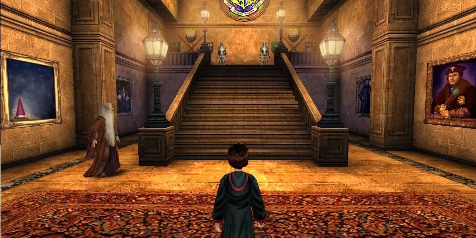 Dumbledore and Harry stand in the entrance hall in the PC version of 'Harry Potter and the Philosopher's Stone'