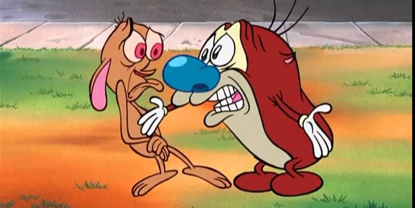 Stimpy angrily grabbing an anxious Ren by his chest on a grassy lawn in the animated series The Ren & Stimpy Show.