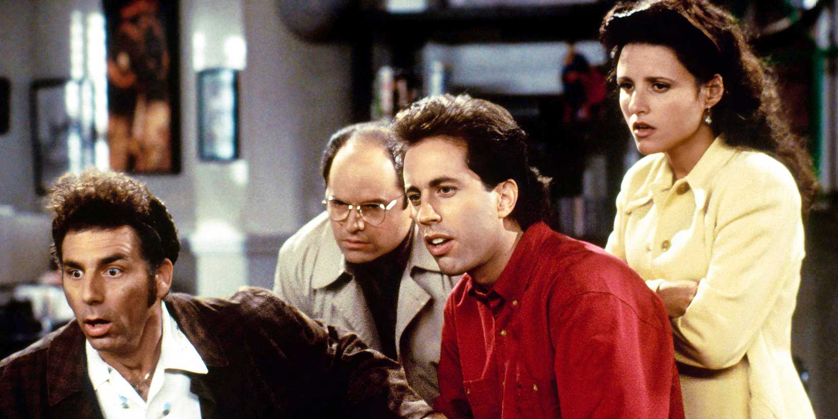 Cosmo Kramer (Michael Richards), George Costanza (Jason Alexander), Elaine Benes (Julia Louis-Dreyfus), and Jerry Seinfeld on Seinfeld.