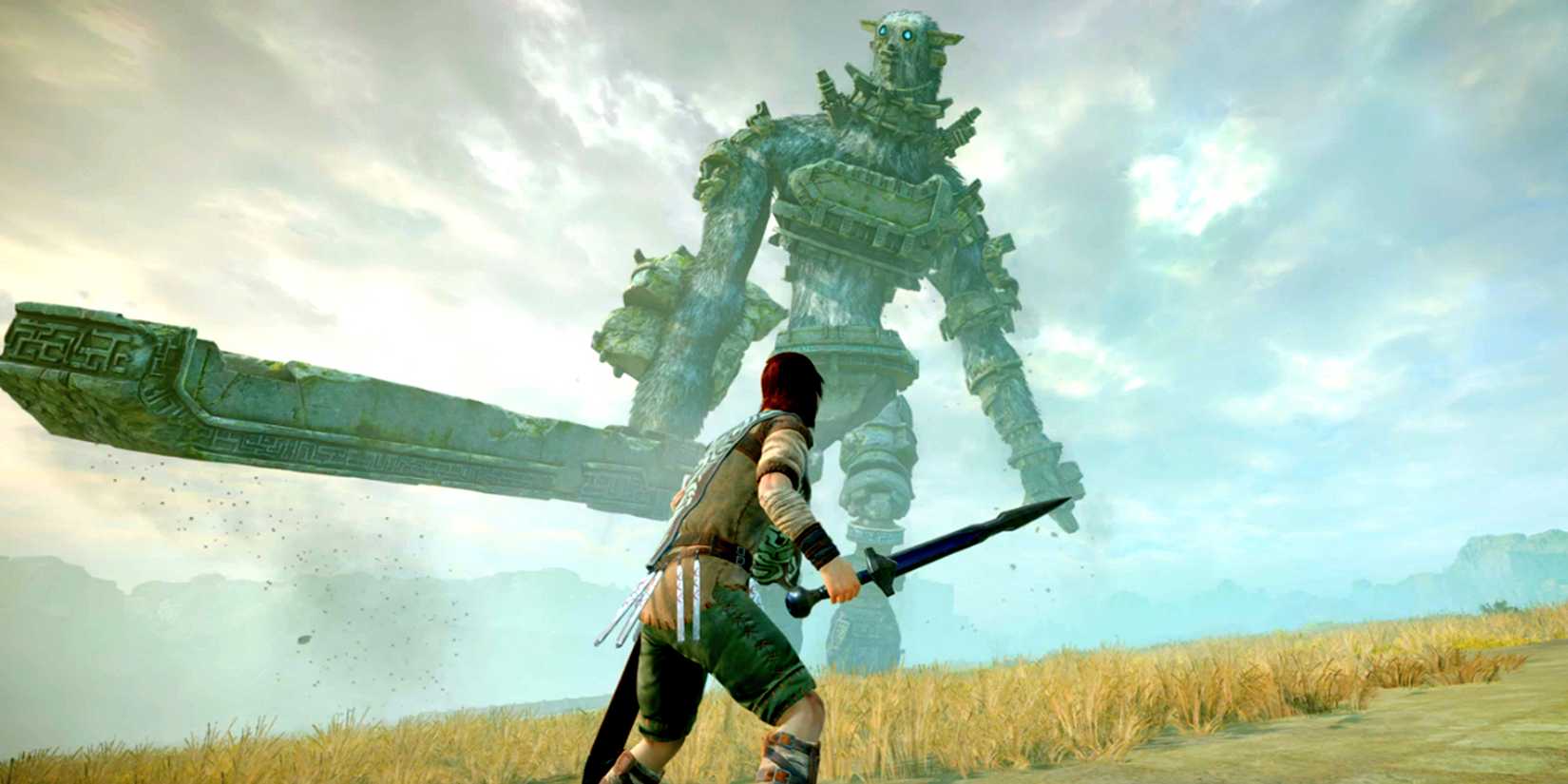 Wander facing a Colossi in Shadow of the Colossus
