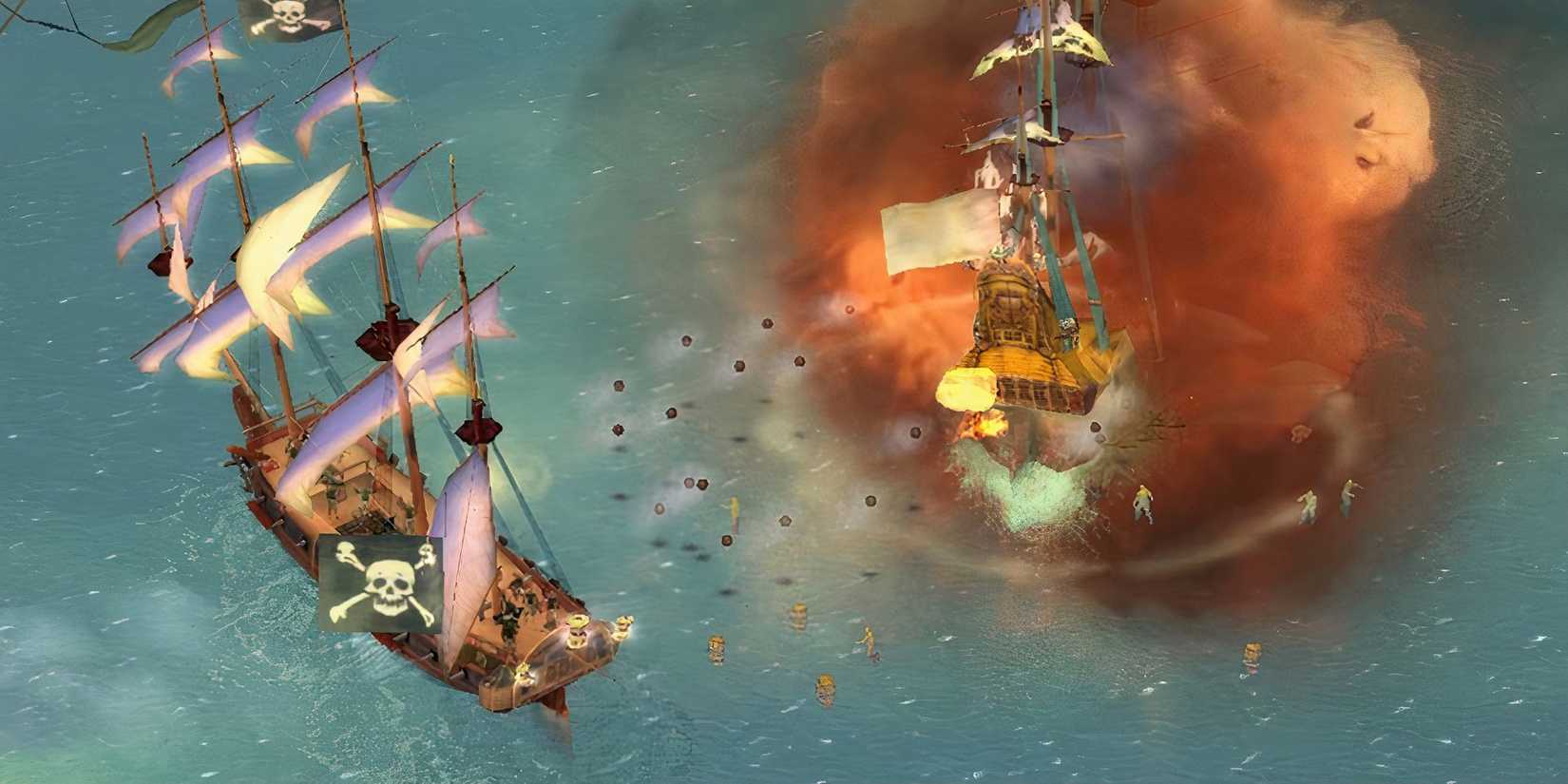 A ship burns as a pirate ship fires cannons at it in 'Sid Meier's Pirates!'