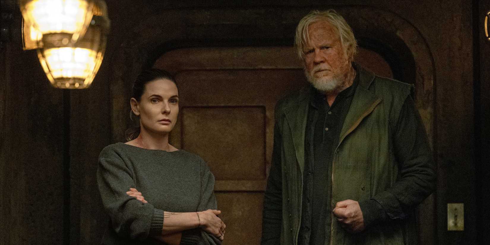 Rebecca Ferguson as Juliette Nichols and Tim Robbins as Bernard Holland in Silo Season 3.