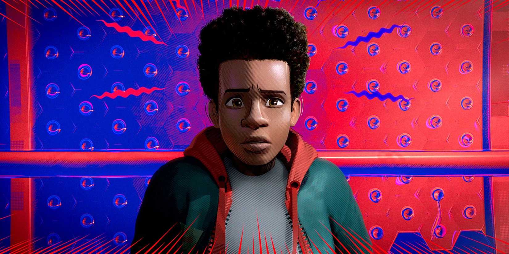 Miles Morales stands in front of a colorful background