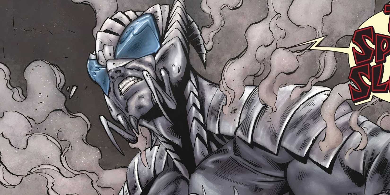 Alistair Smythe, Spider-Slayer, emerging from smoke in a close-up in Marvel Comics