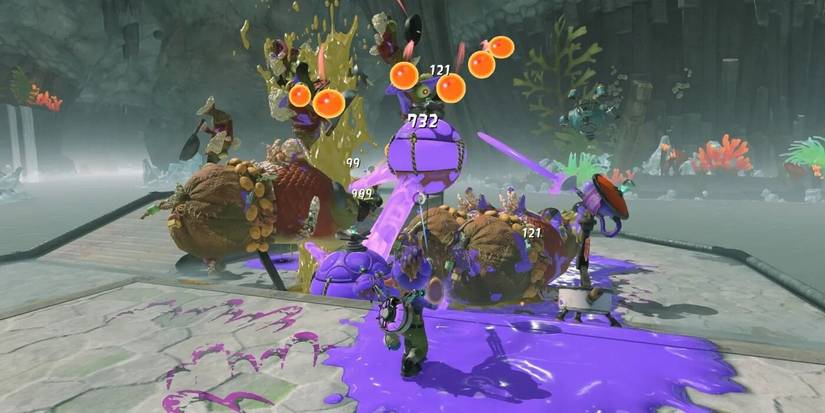A group of inklings shooting purple ink at a common enemy in 'Splatoon Raiders'