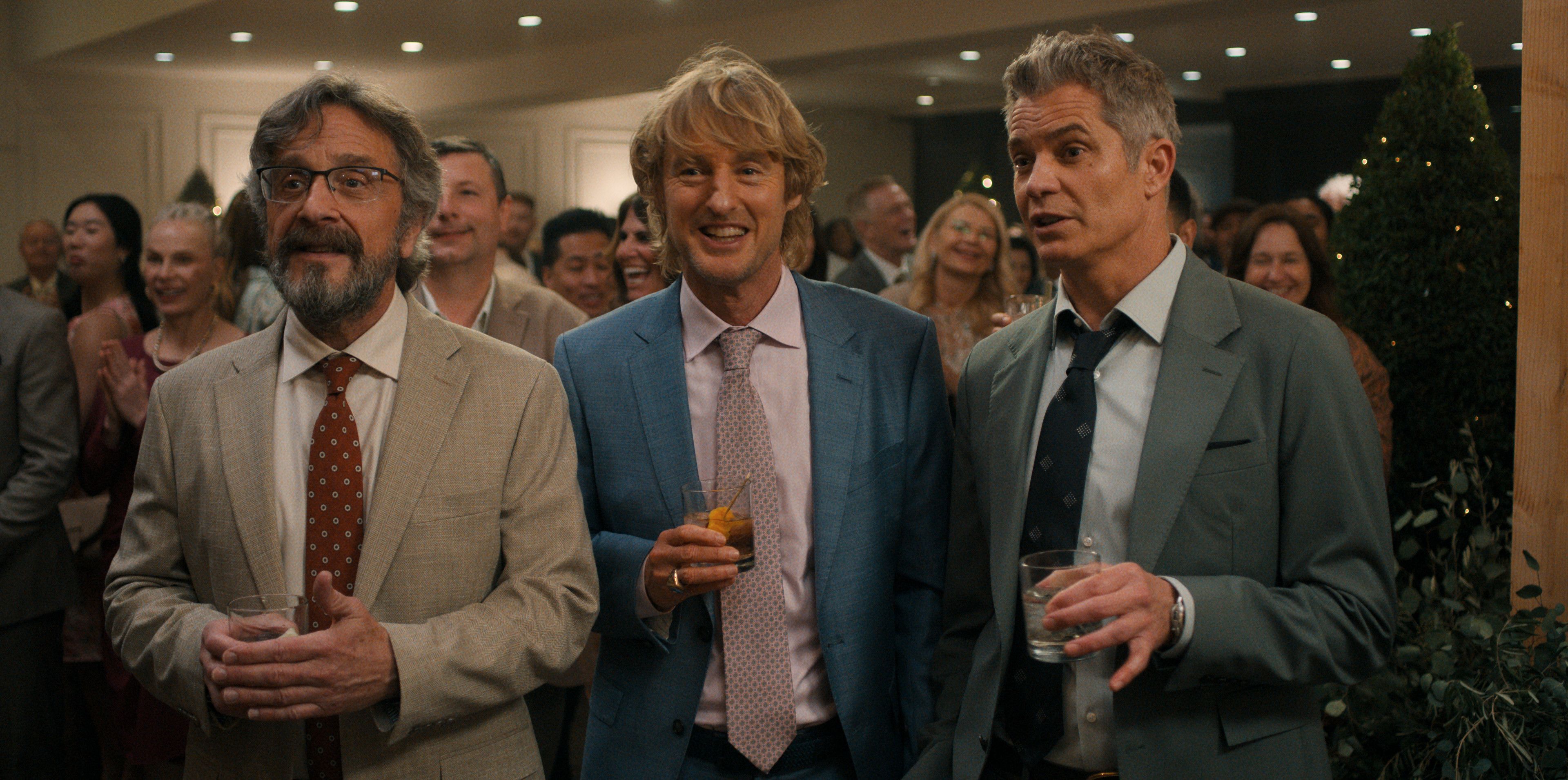 Marc Maron, Owen Wilson, and Timothy Olyphant lined up at a party in Stick Season 2