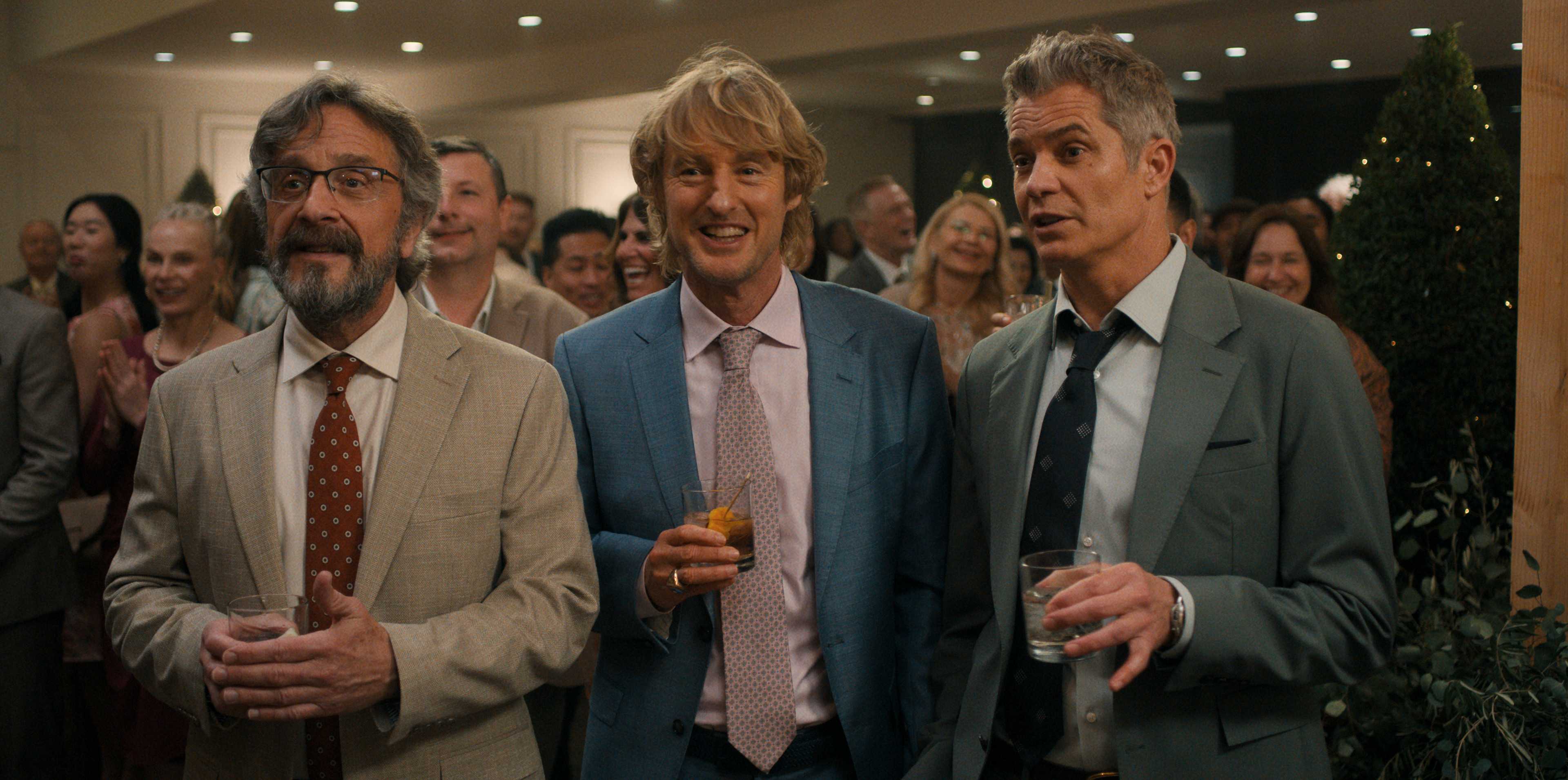 Marc Maron, Owen Wilson, and Timothy Olyphant lined up at a party in Stick Season 2