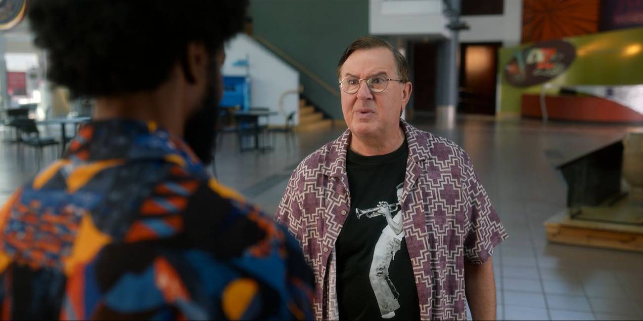Leslie Higgins (Jeremy Swift) in front of the Negro Baseball Museum in 'Ted Lasso' Season 4.