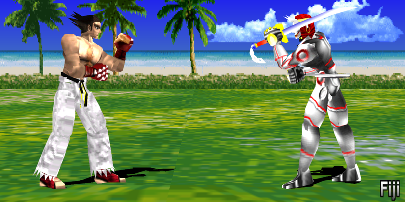 Kazuya Mishima and Yoshimitsu about to battle on the beaches of Fiji in the original 'Tekken'