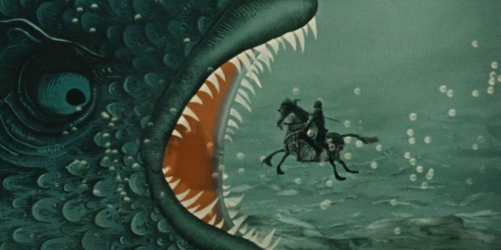 Baron Munchausen rides a horse into the mouth of a fish