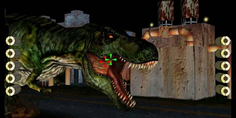Screenshot from the game The Lost World: Jurassic Park (Arcade) showing a crosshair targeted on an roaring Tyrannosaurus Rex
