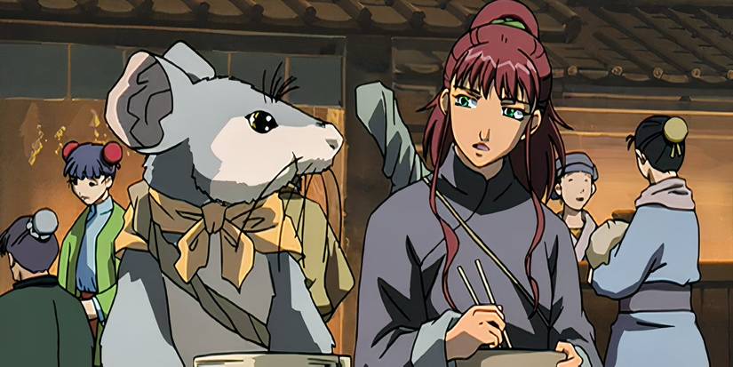 The Twelve Kingdoms Street scene of a large mouse and the main character speaking.