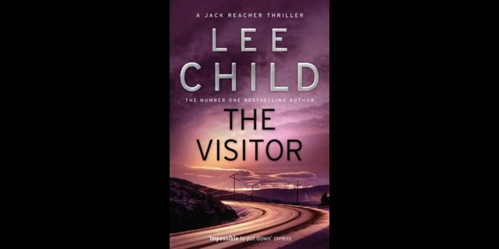 A photo of a road during sunset and the text 'Lee Child The Visitor' on it.