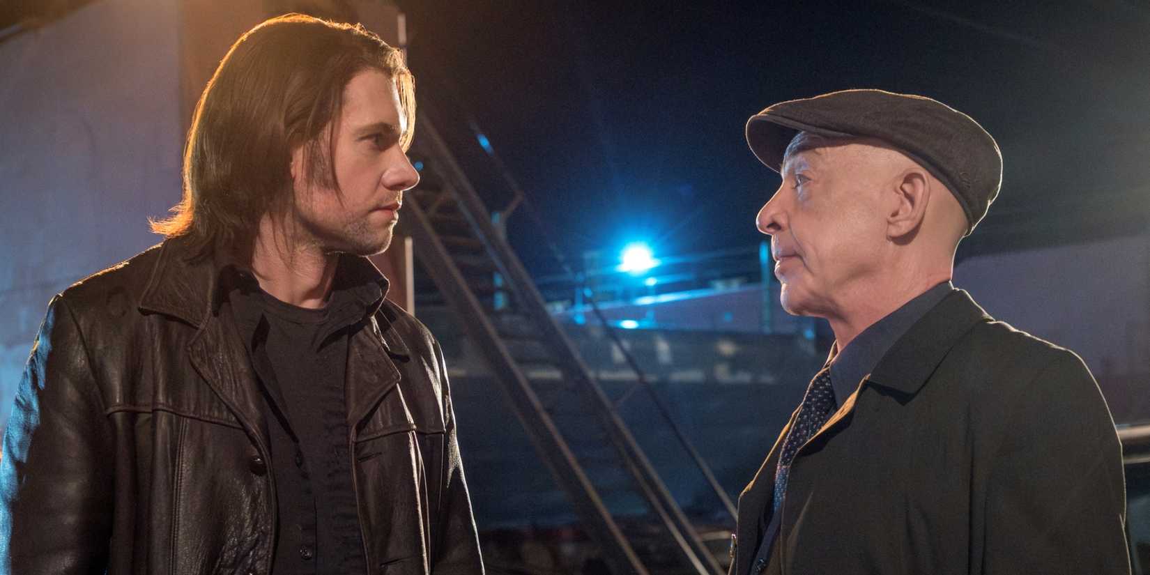 Tom Brittney as Jimmy Roarke facing off with J.K. Simmons as Eamon Sweeney in The Westies