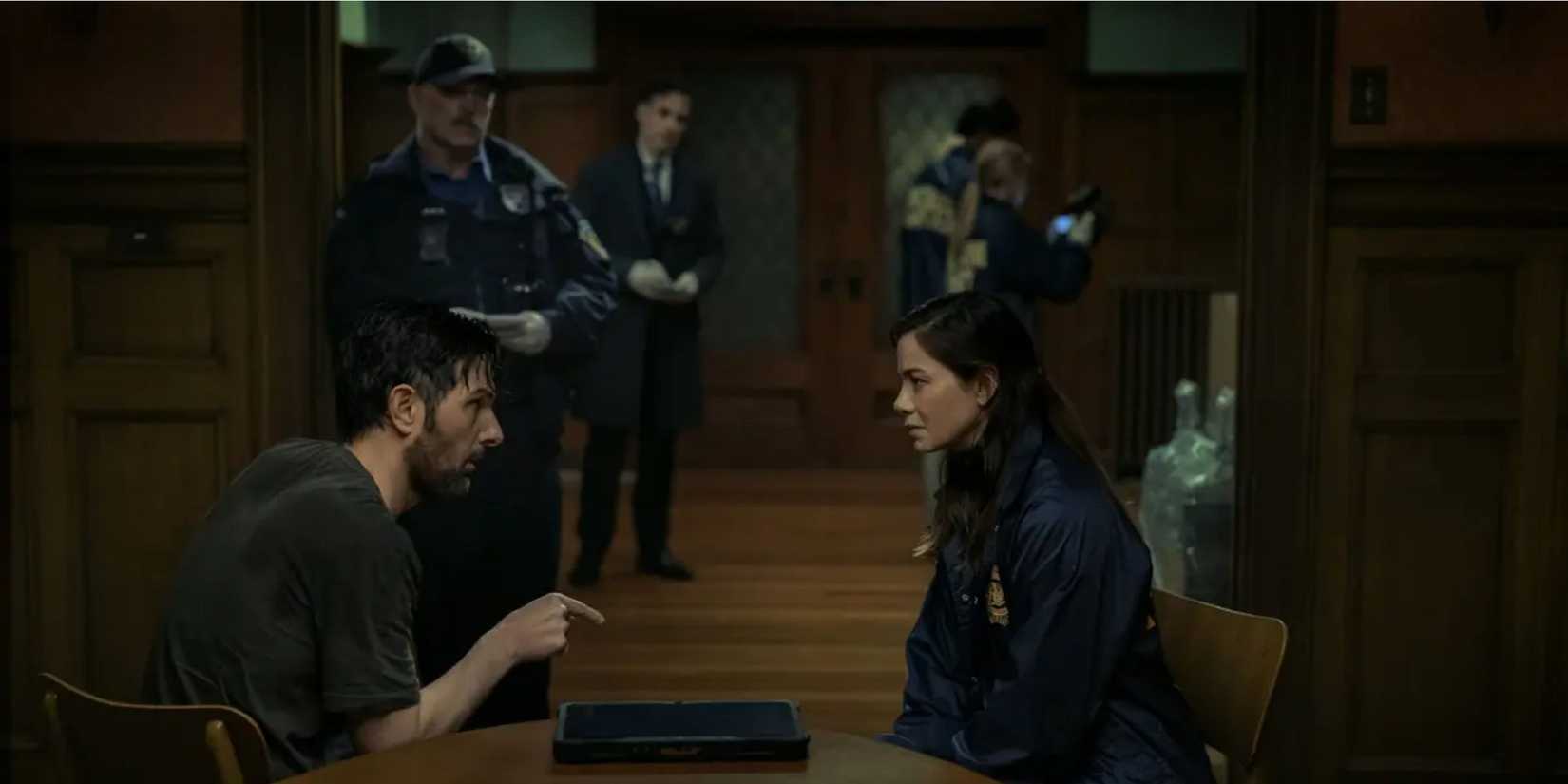 Adam-Scott and Michelle-Monaghan talking in The-Whisper-Man