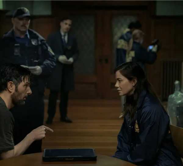 Adam-Scott and Michelle-Monaghan talking in The-Whisper-Man