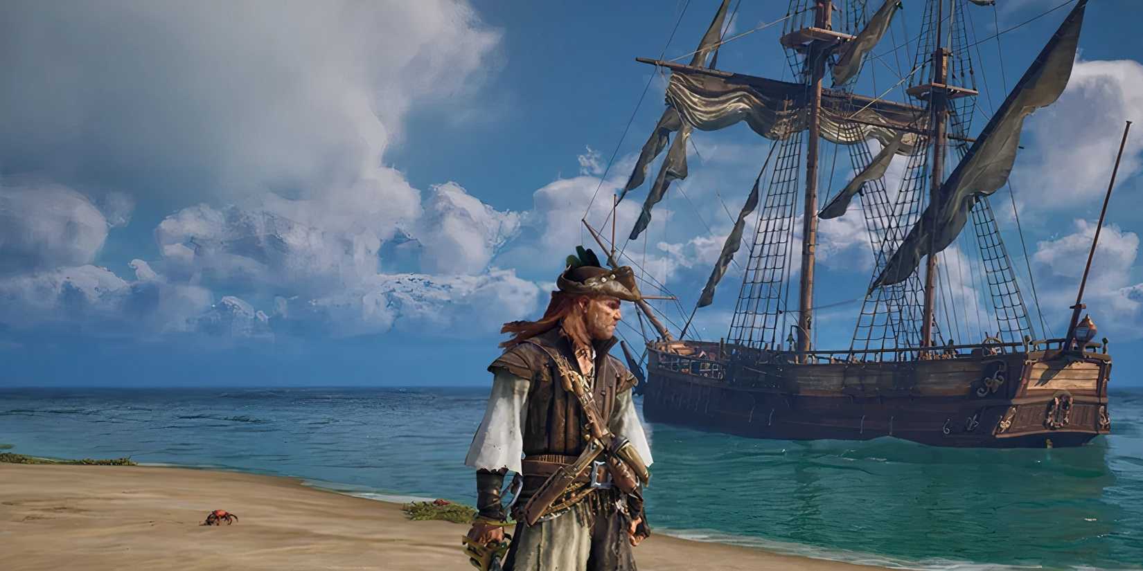 The player character stands on a beach with a ship in the background in 'Windrose'