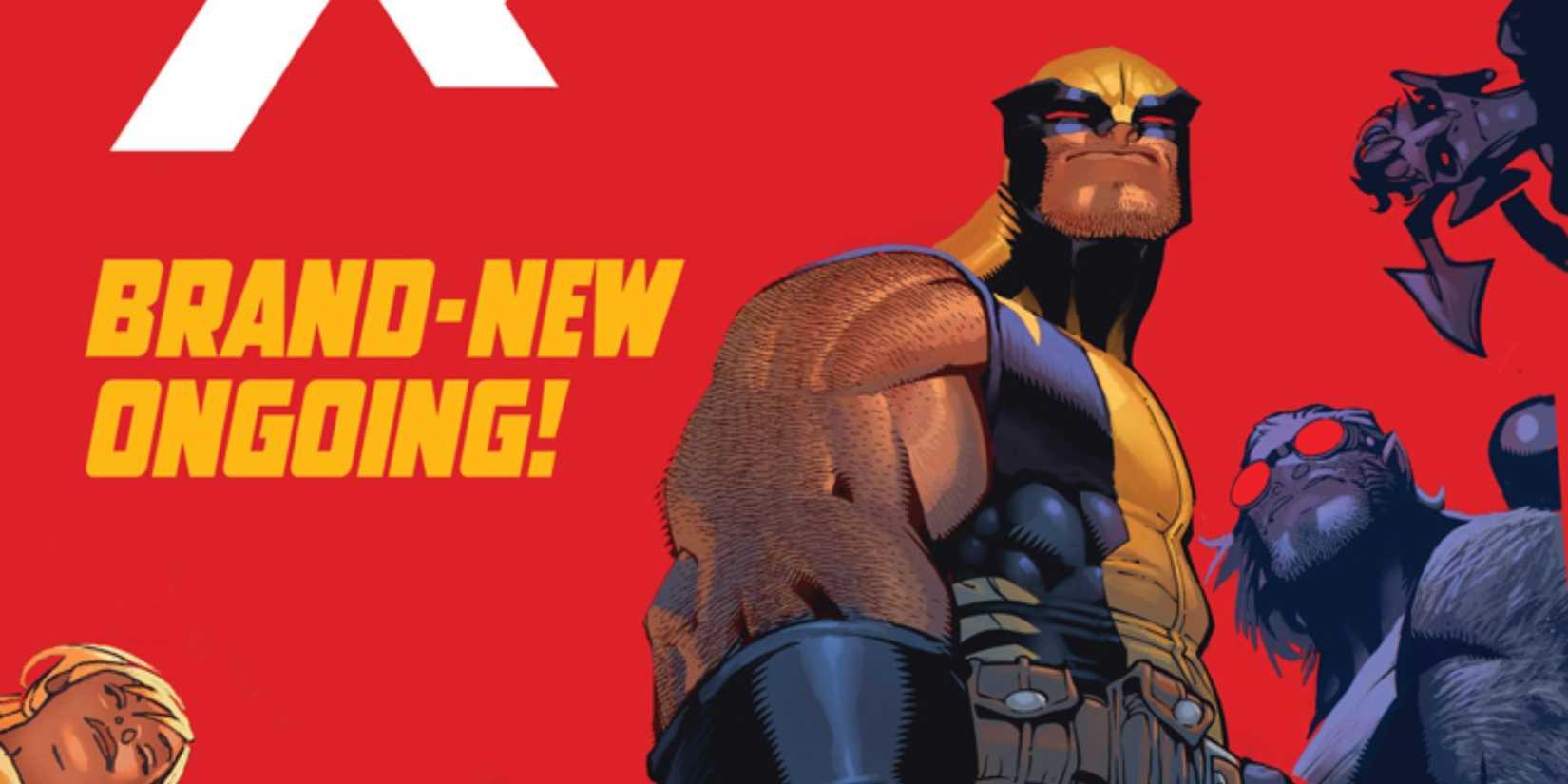 Wolverine standing with the X-Men on a red background in Wolverine and the X-Men (2011)