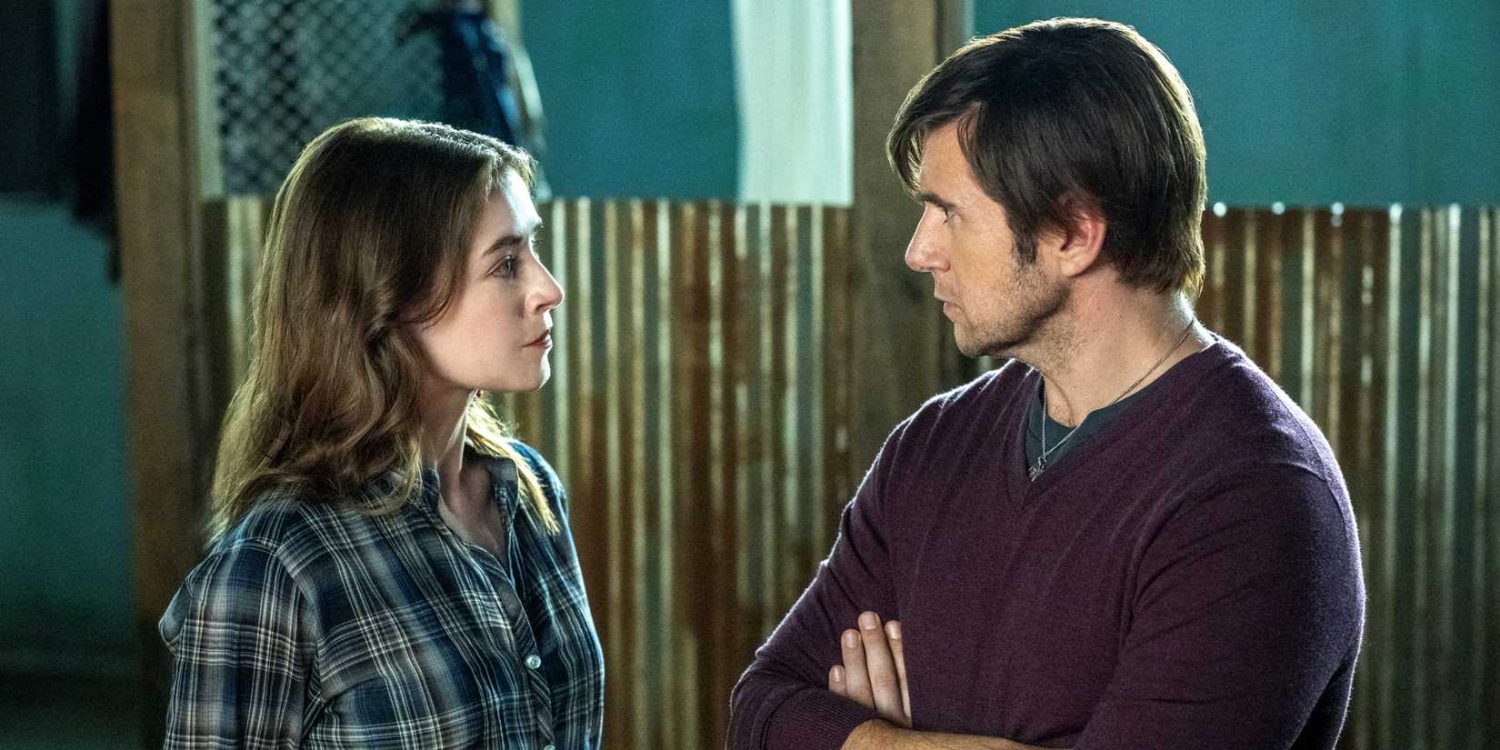 Sarah Bolger as Bridget Walsh standing with and talking to Allen Leech as Brendan Cahill in The Westies