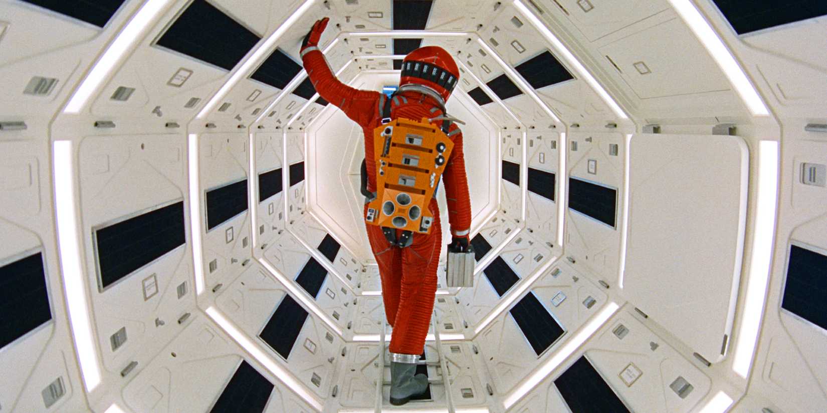 An astronaut walking down a corridor in 2001: A Space Odyssey (1968)