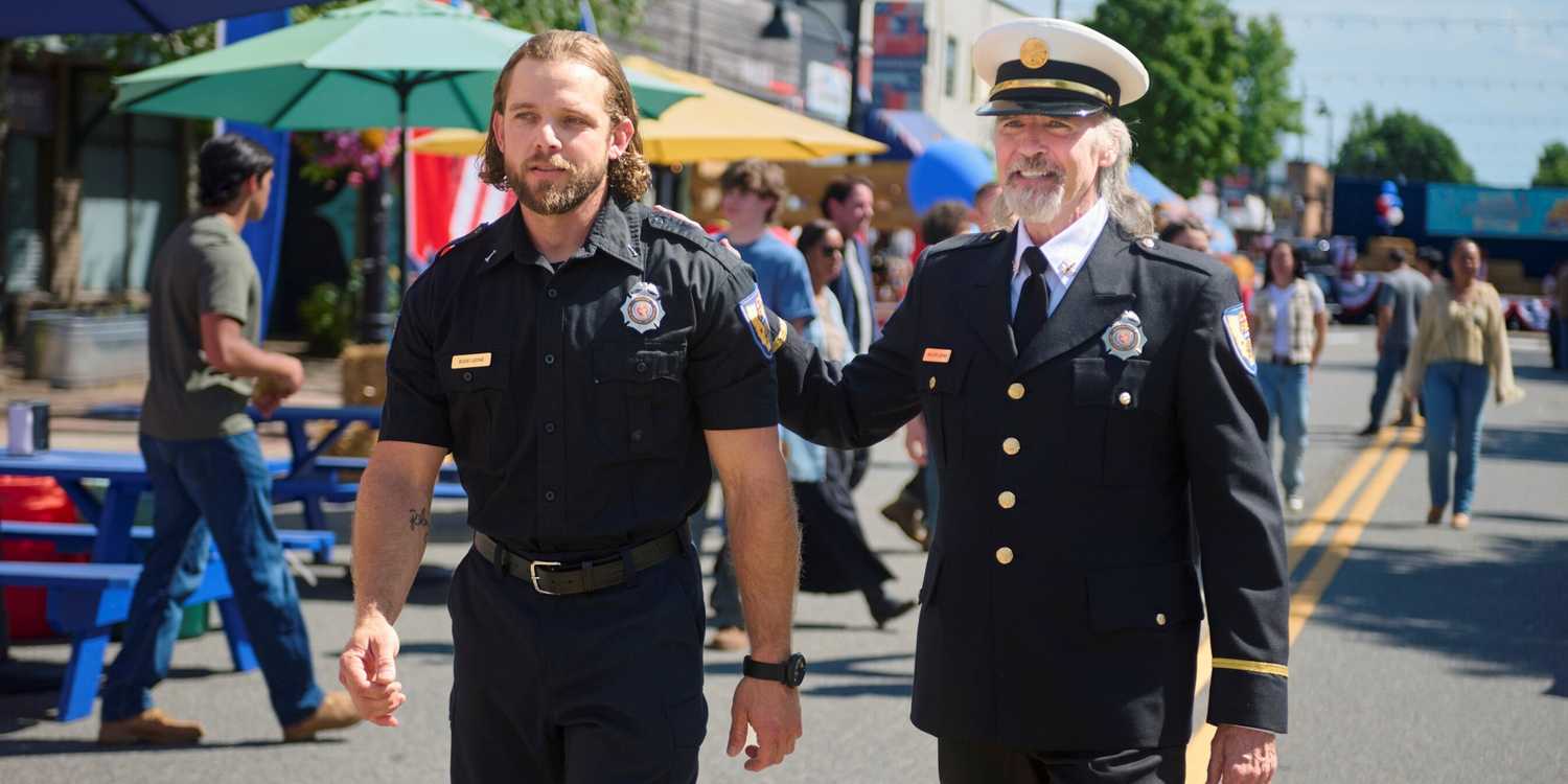 Jeff Fahey as Walter Leone walking down Main Street with Max Thieriot as Bode Leone in Fire Country Season 5