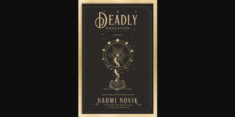 Book cover for A Deadly Education featuring a gold celestial snake and eye design