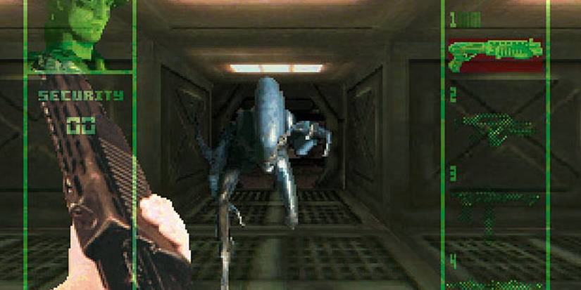 Alien charging at the screen in Alien Vs. Predator game