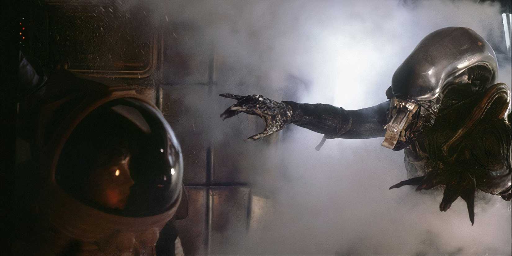 A xenomorph jumps out at Sigourney Weaver as Ellen Ripley at the end of Alien