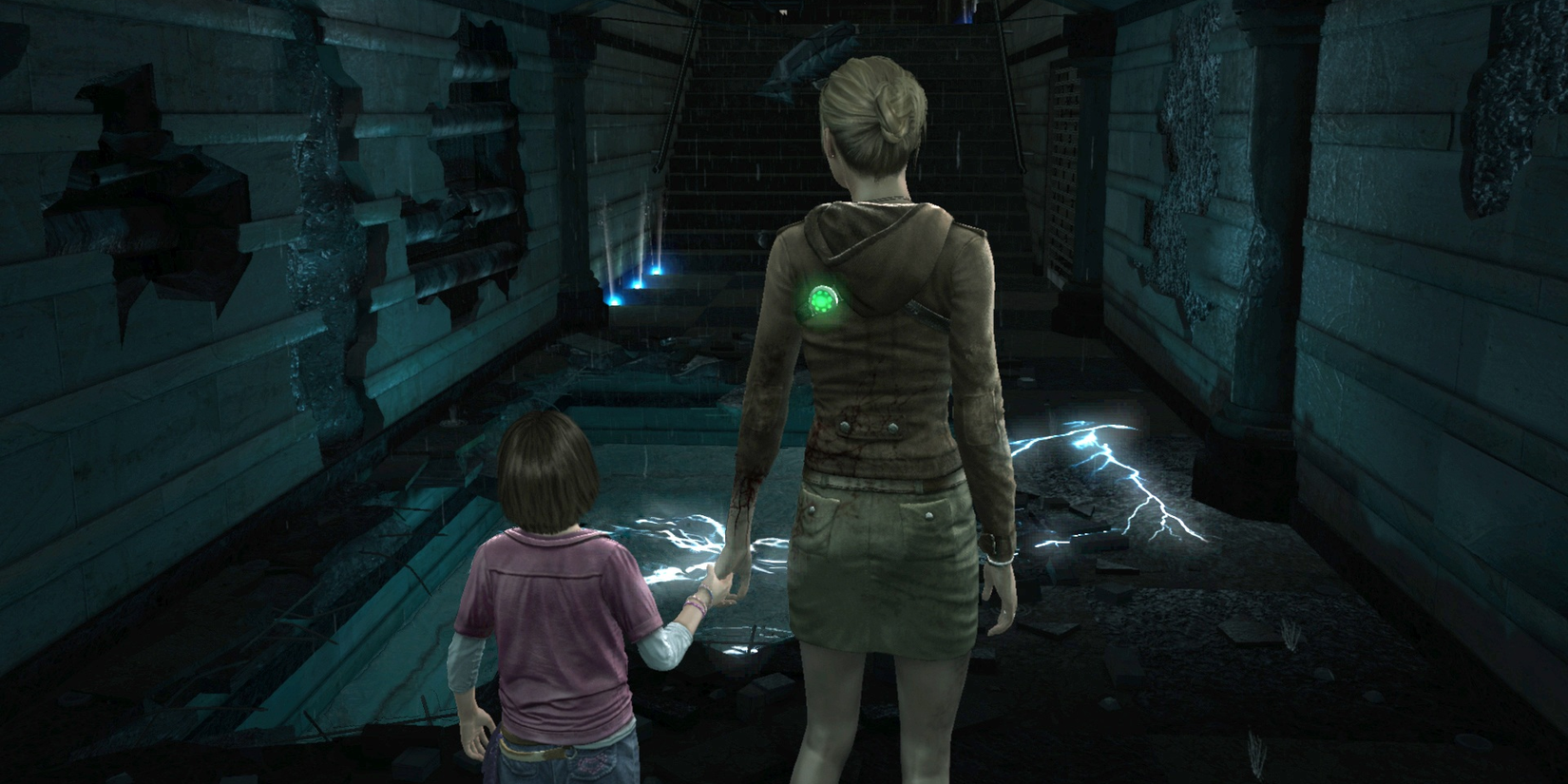 A blonde woman holding the hand of a young little girl in a dark corridor in the video game 'Amy' for PS3 and Xbox 360