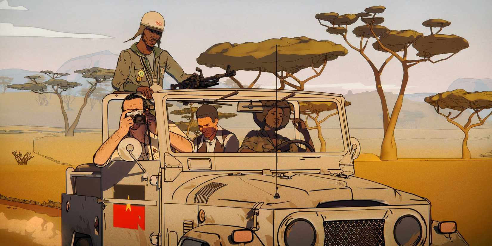 A group of journalists and soldiers travel across the Angolan savannah in a Jeep in 'Another Day of Life'
