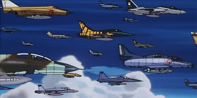 A bunch of planes flying in the sky in the anime Area 88