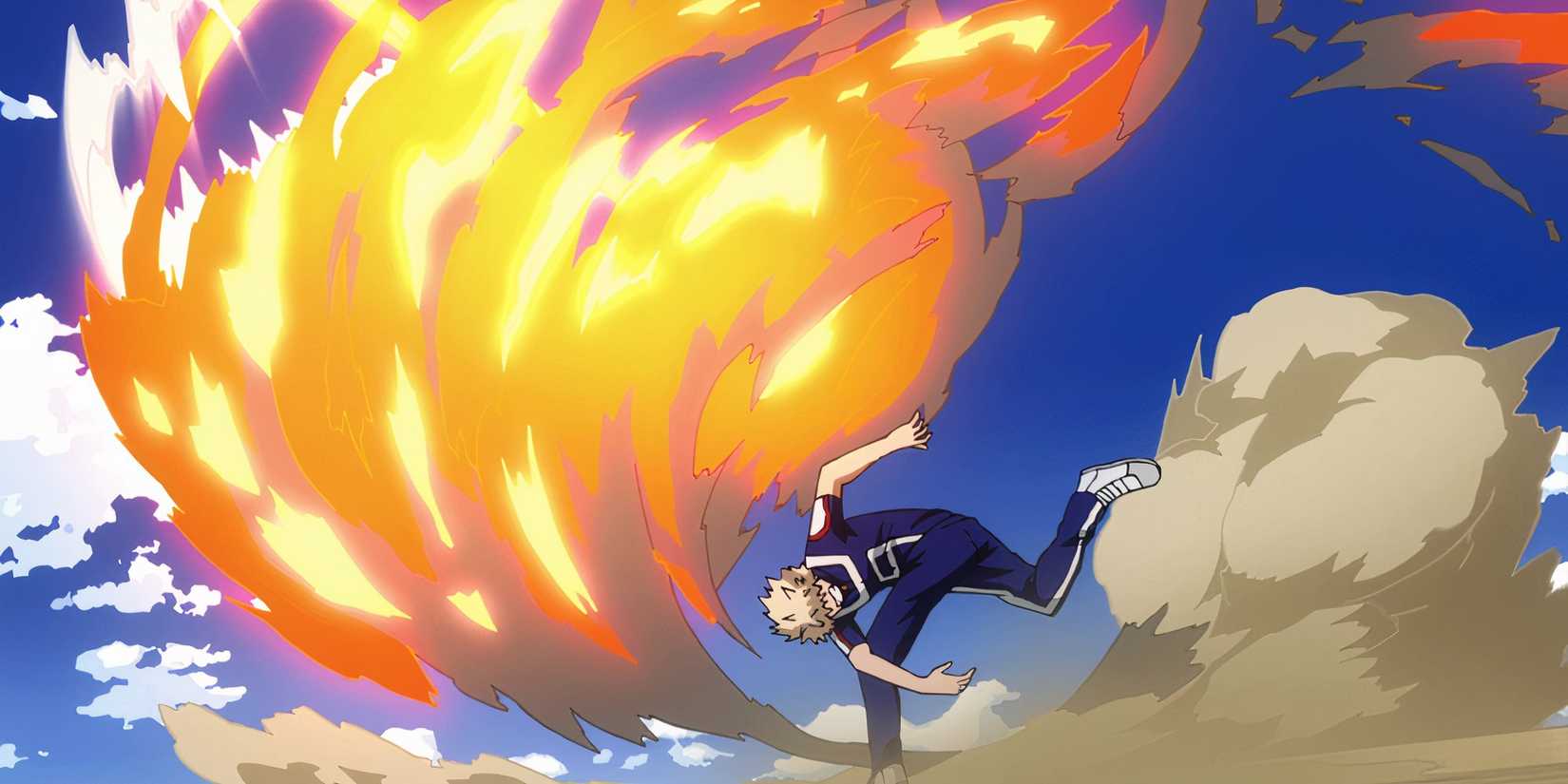 Bakugo throwing something with an explosion in My Hero Academia