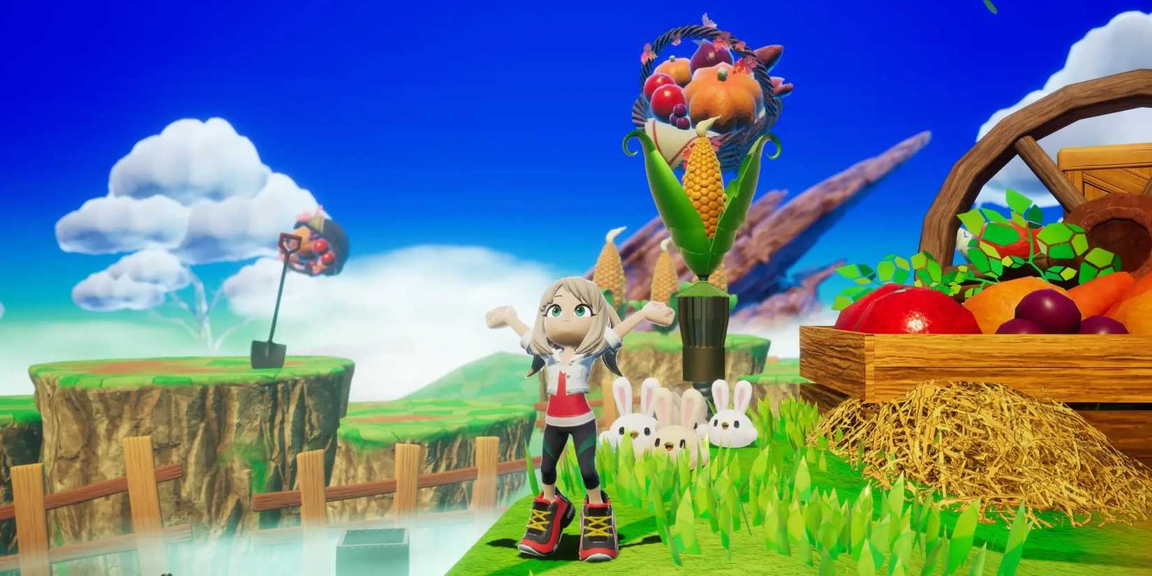 A girl with her arms raised in the air next to some rabbits and giant vegetables in the video game 'Balan Wonderworld' (2021)