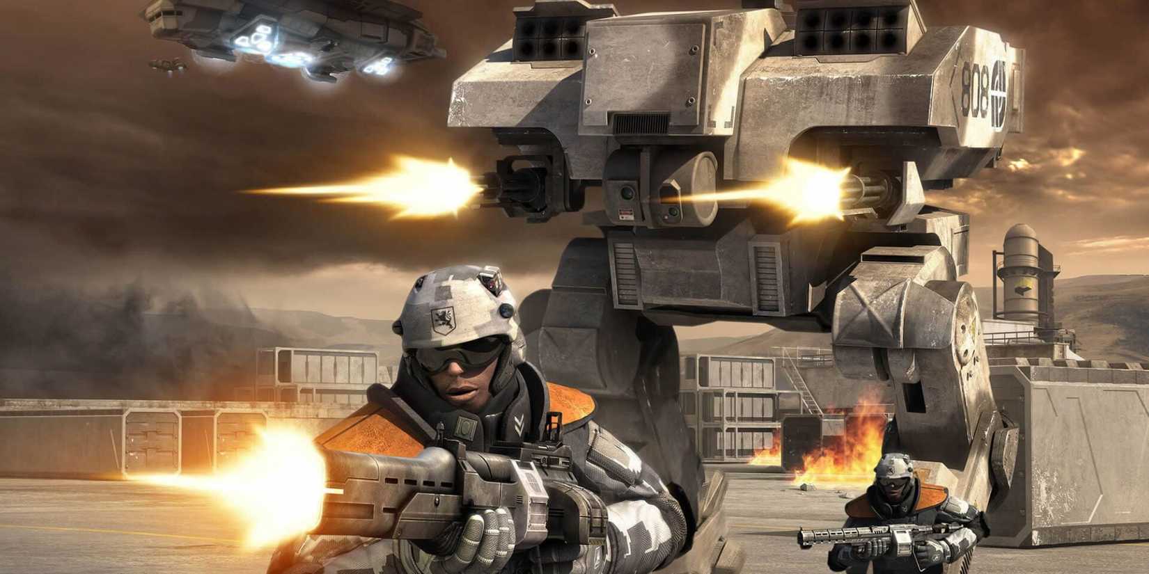 A soldier and a mech move into battle in 'Battlefield 2142'