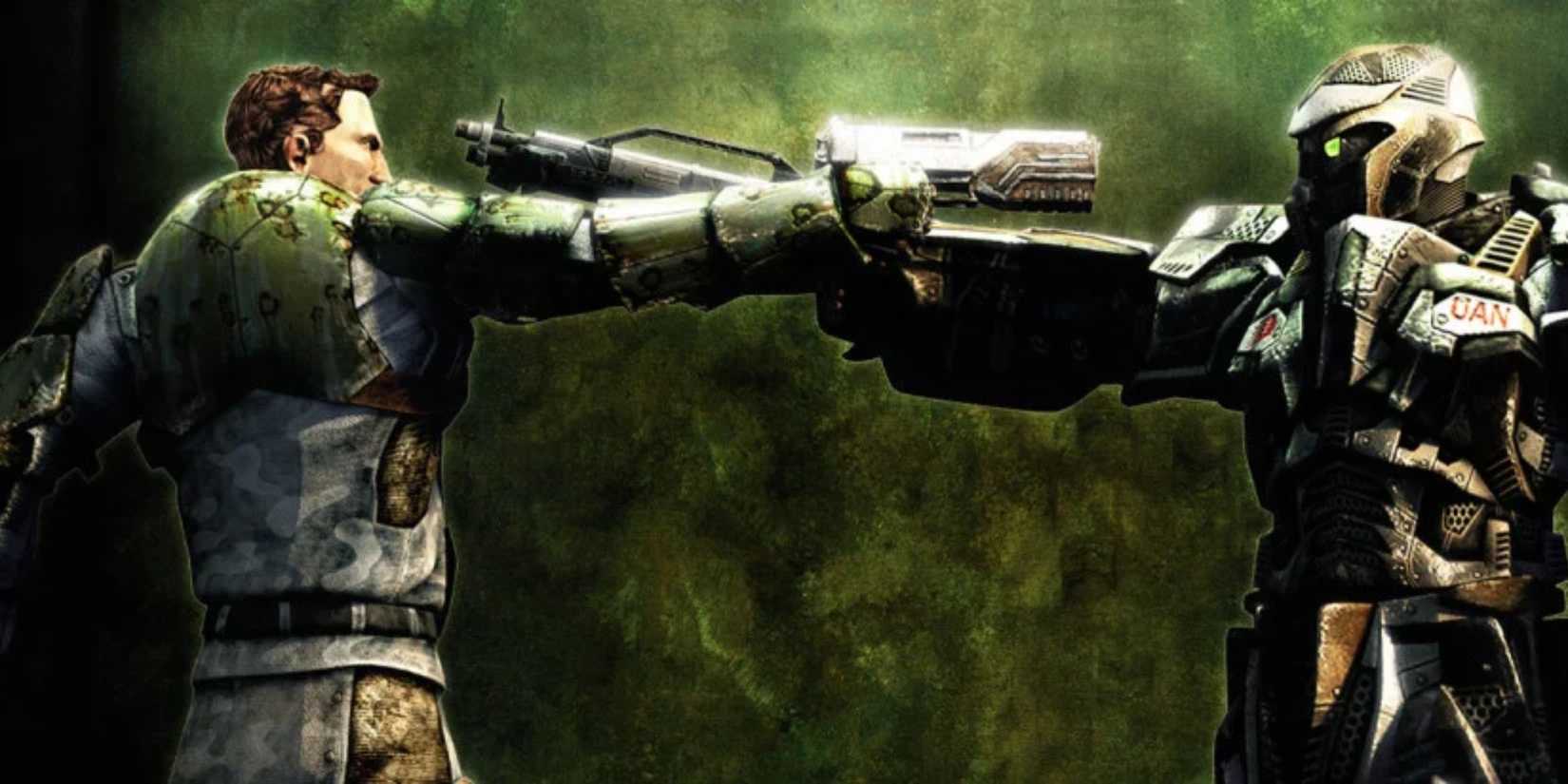 The player and his rival aim guns at each other in 'Bet on Soldier: Blood Sport'
