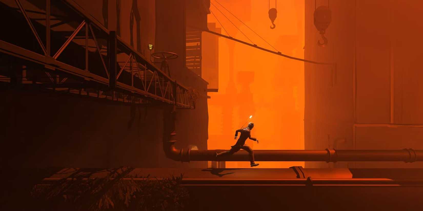 The player's silhouette runs across an industrial walkway in 'Black the Fall'