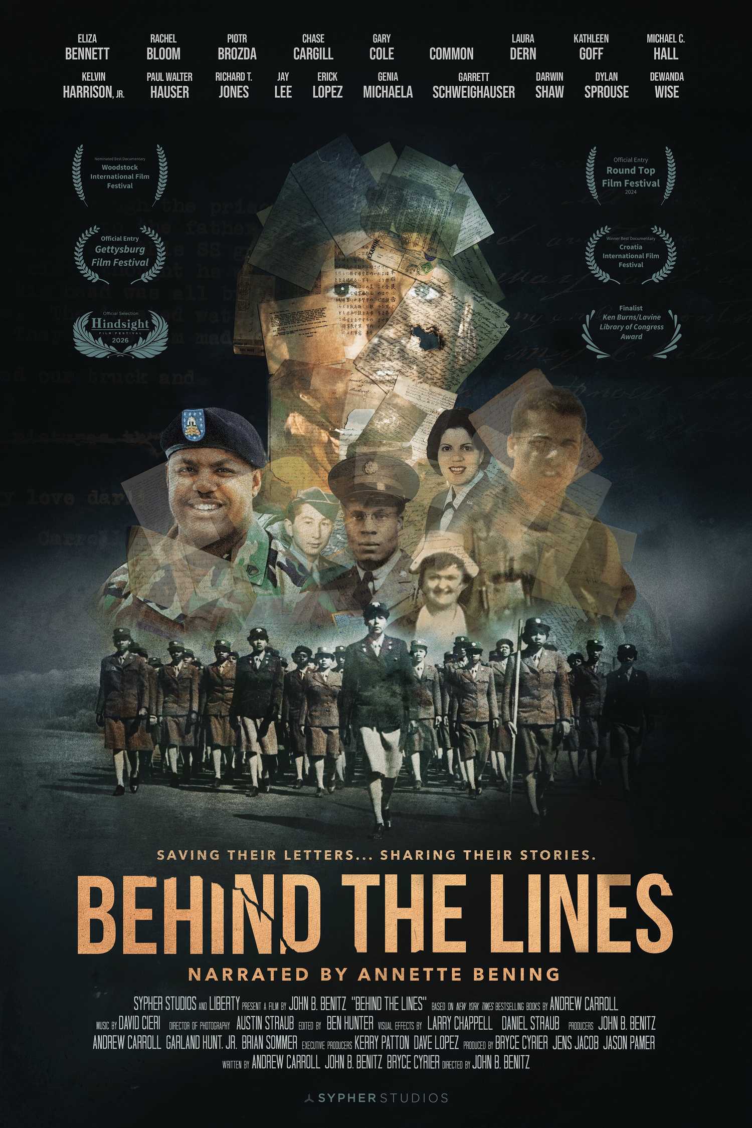 Soldiers and veterans made of a collage of letters on the official poster for Behind the Lines