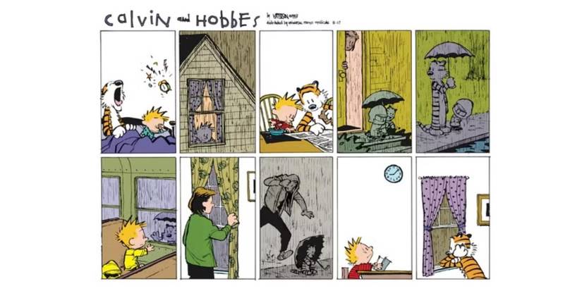 Calvin's mom saves Hobbes from the rain in 'Calvin and Hobbes'