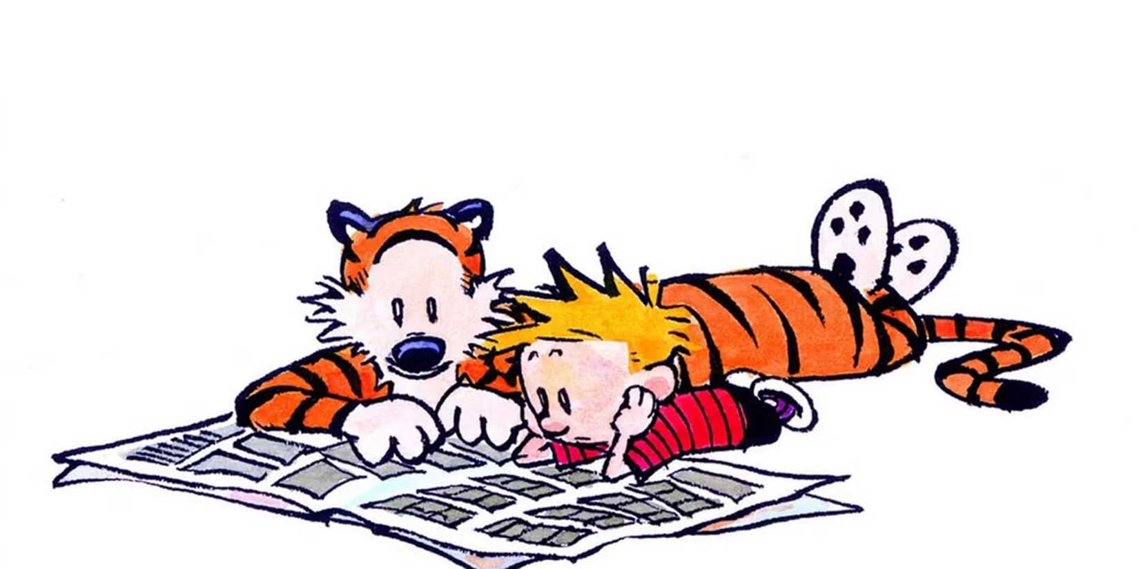 Calvin and Hobbes reading the Sunday newspaper. Art by Bill Watterson.