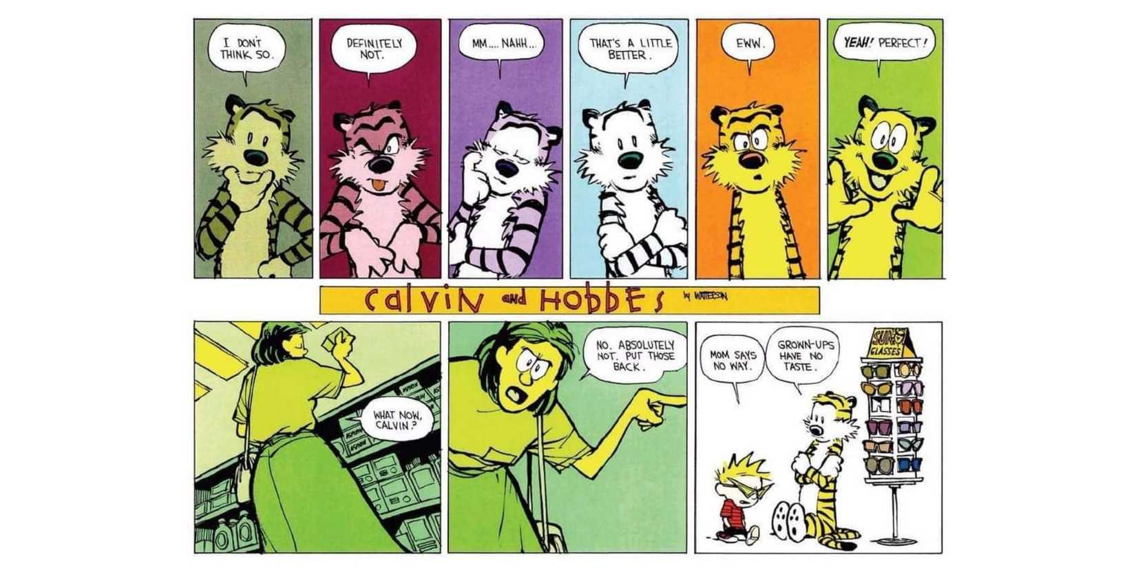 Calvin and Hobbes try on sunglasses.
