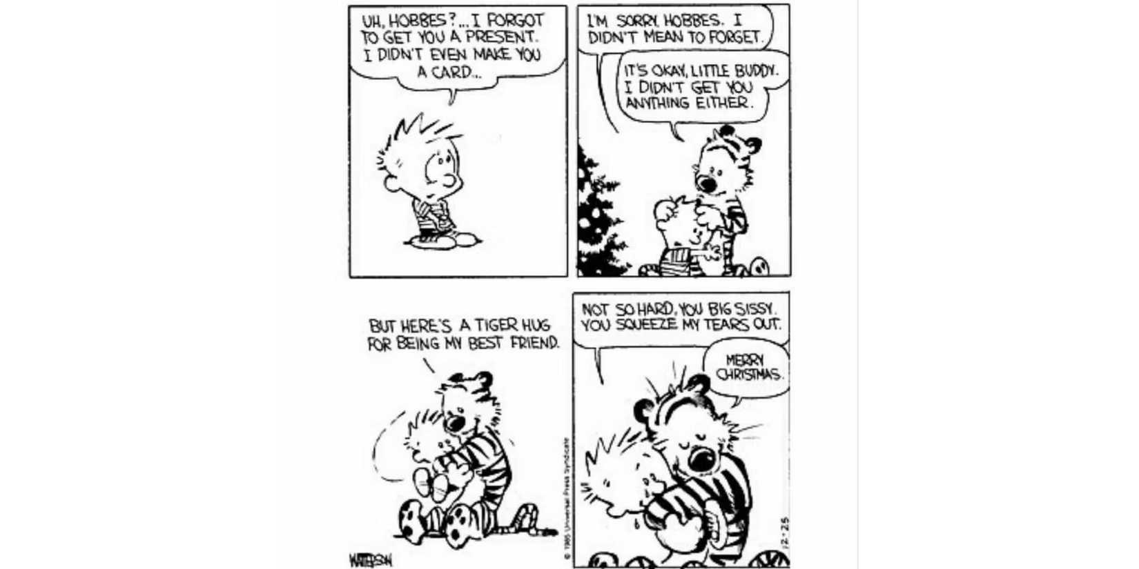 Calvin and Hobbes' Christmas hug.
