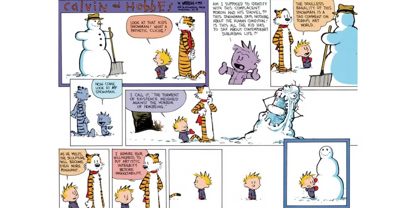 Calvin shows off his snowman art to Hobbes in 'Calvin and Hobbes'
